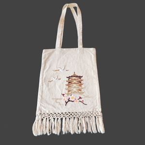 Vintage Canvas Tote Bag Embroidered Flying Cranes NWOT